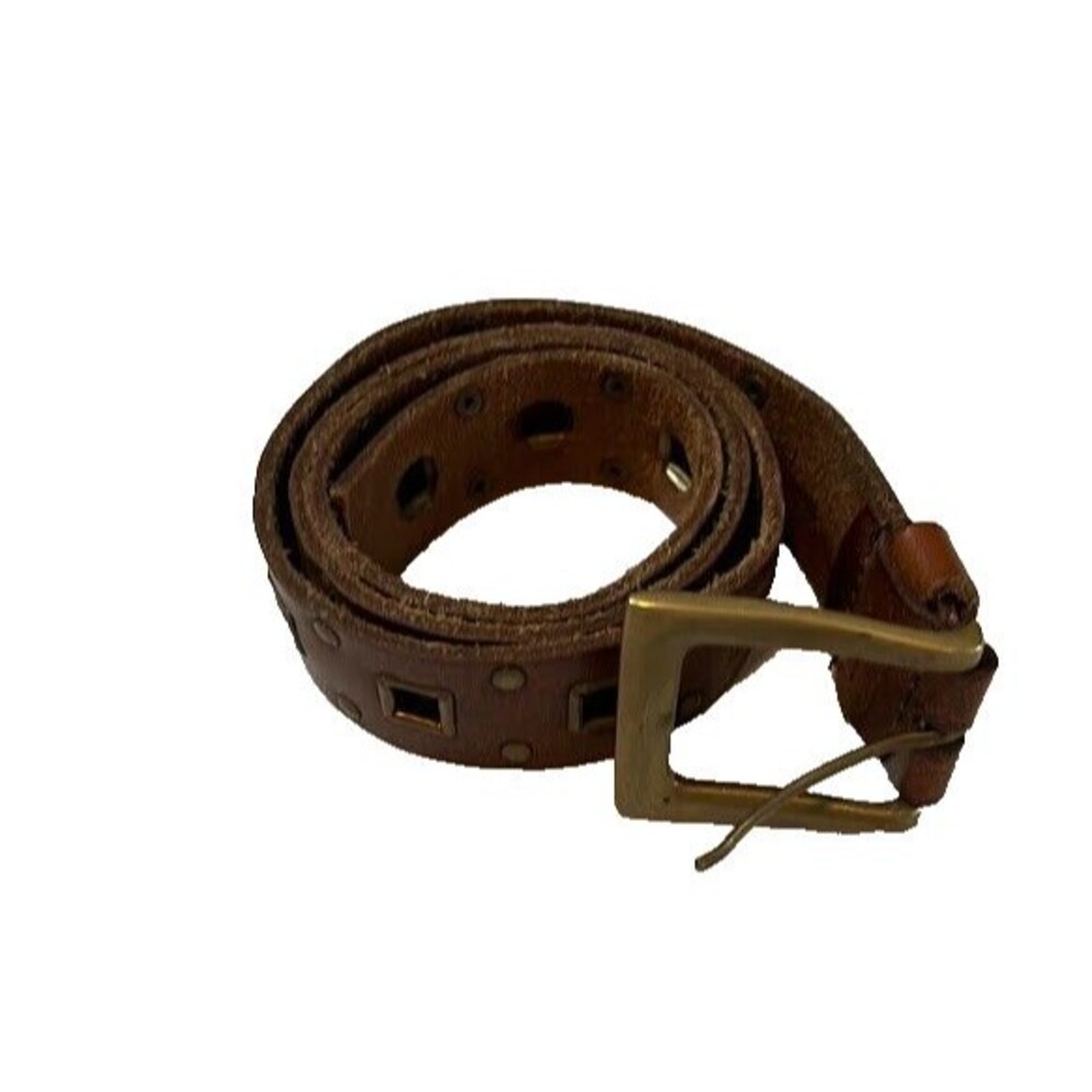 Women’s Brown Leather Belt M/L Genuine Leather Square Brass Buckle Casual Chic